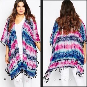 New Asos Alice & You blue pink Tie Dye Fringe Kimono asos top Cardigan Coverup